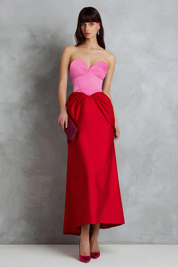 Red and Fuchsia Satin Sweetheart Sheath Midi Formal Dress